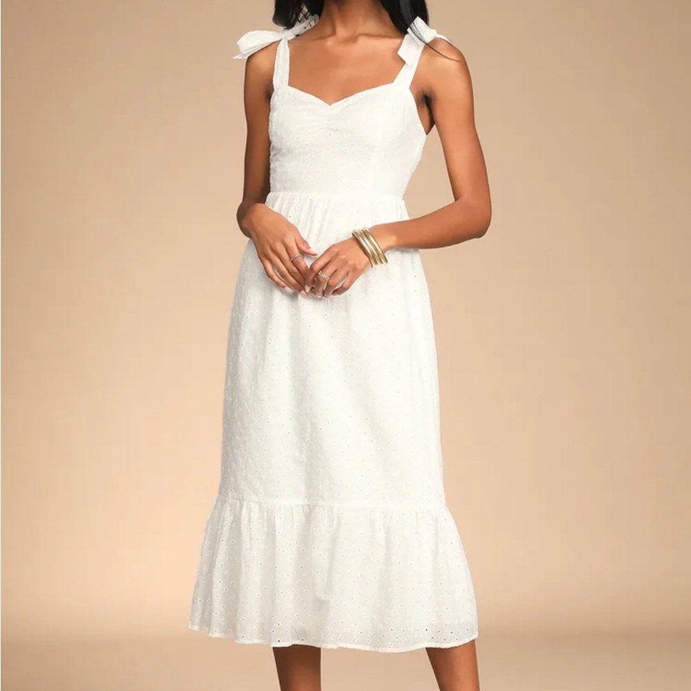 Fairytale Feeling White Eyelet Tie-Strap Tiered Midi Dress